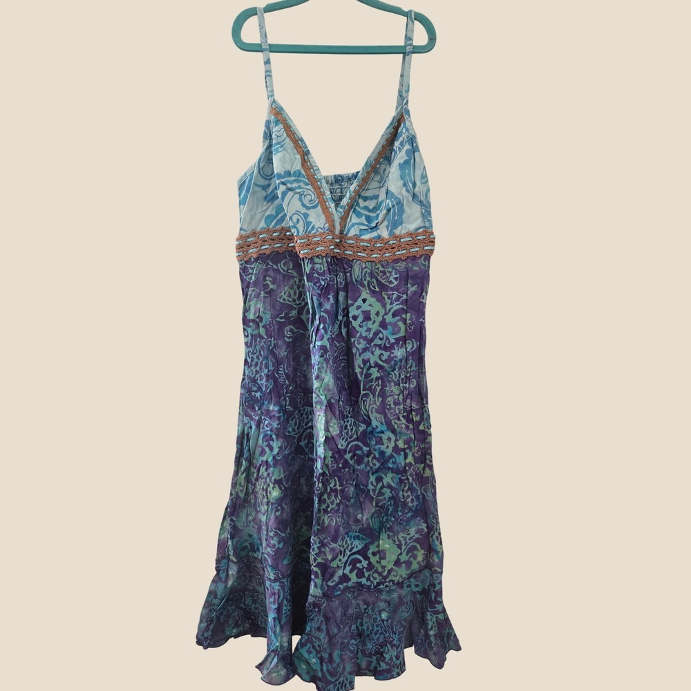 SANTIKI Blue Purple Batik Print Midi Dress Crochet Lace Trim V-Neck SunDress